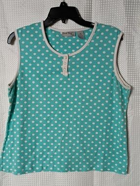 Coral Bay Aqua Polka Dot Sleeveless Henley Tank